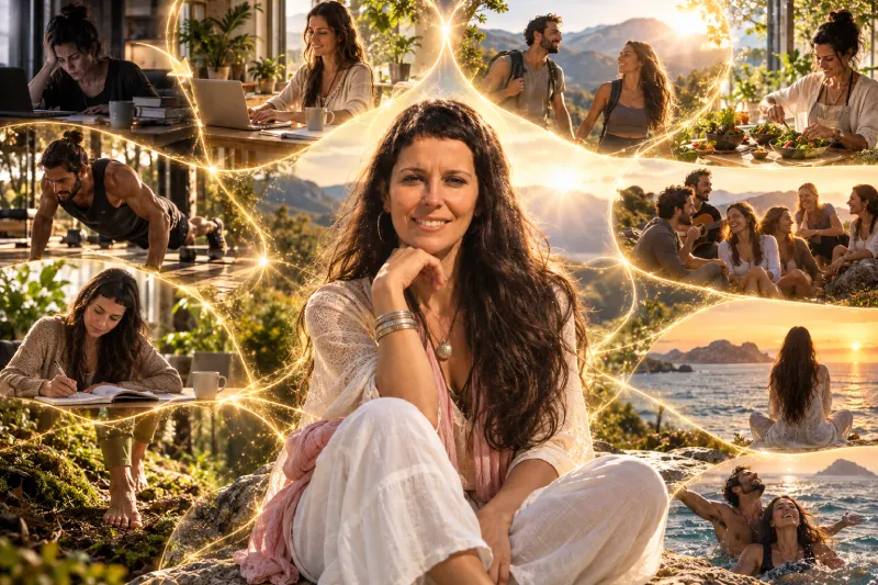 foto de vanesa liso jaso con una cascada de fondo en la montaña